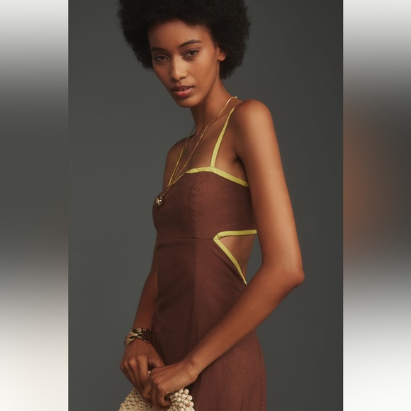 Maeve Anthropologie Dafni Cutout Linen Midi Dress Brown/Lime Green L - Picture 3 of 10